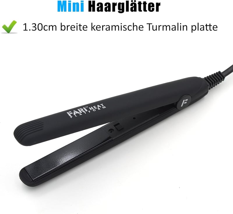 FARI Mini Utazó Hajvasaló Kerámia-Turmalin Lapokkal, Univerzális Feszültség, Hordozótáskával - Kompakt Fekete Hajegyenesítő