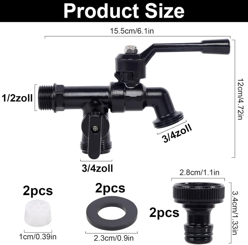 FASBET Fagyálló Kerti Csap 1/2" - Dupla Kifolyós Kültéri Vízcsap 2x3/4" Kimenettel - Fekete, Sárgaréz Anyagú Fali Csaptelep Locsoláshoz, Mos