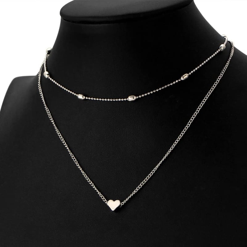 Fashband Többrétegű Choker Nyaklánc Ezüst Szív Medállal - Bohém Stílusú Rövid Női Nyakék Lánc