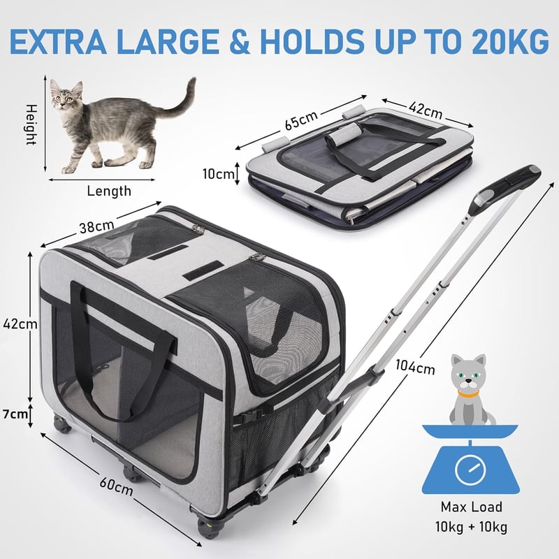 FASNATI Extra Large Macskaszállító Box 2 Macskához 20kg, Összecsukható Kerekekkel Szürke