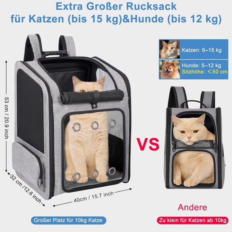FASRIOU Hátizsák Macskáknak és Kutyáknak 15kg-ig, Szellőztetett Összecsukható Kisállathátizsák Szürke - Nur Rucksack, gray