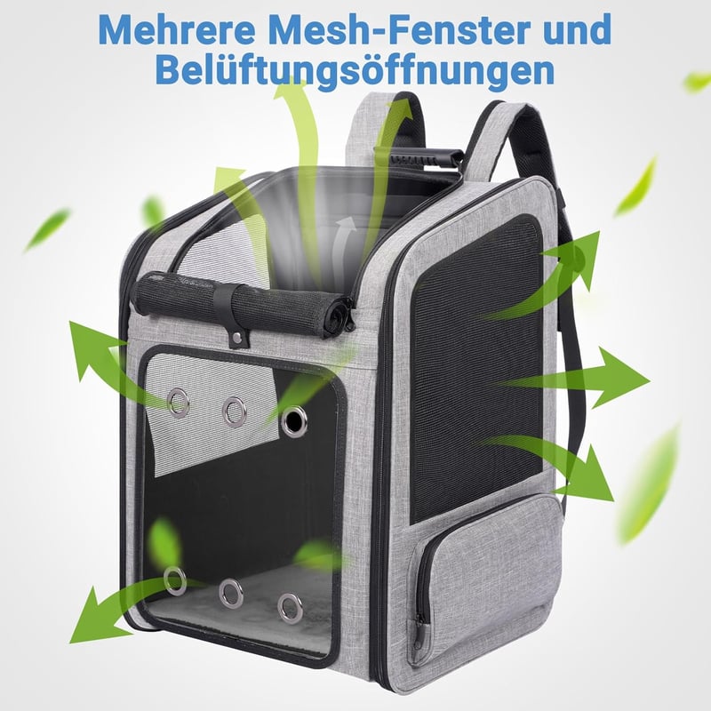 FASRIOU Hátizsák Macskáknak és Kutyáknak 15kg-ig, Szellőztetett Összecsukható Kisállathátizsák Szürke - Nur Rucksack, gray