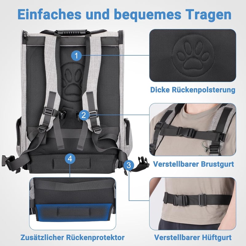 FASRIOU Hátizsák Macskáknak és Kutyáknak 15kg-ig, Szellőztetett Összecsukható Kisállathátizsák Szürke - Nur Rucksack, gray