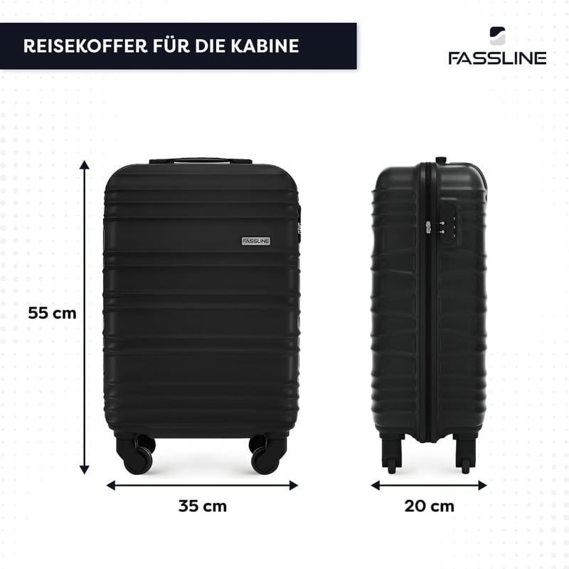 Troler de cabină FASSLINE, carcasă rigidă ABS, 55x35x20 cm, 32 l, bagaj de mână, mărimea M, negru, 4 roți pivotante 360 grade, cifru, mâner telescopic