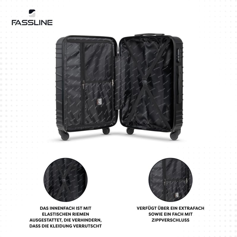 Troler de cabină FASSLINE, carcasă rigidă ABS, 55x35x20 cm, 32 l, bagaj de mână, mărimea M, negru, 4 roți pivotante 360 grade, cifru, mâner telescopic