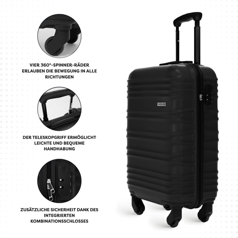 Troler de cabină FASSLINE, carcasă rigidă ABS, 55x35x20 cm, 32 l, bagaj de mână, mărimea M, negru, 4 roți pivotante 360 grade, cifru, mâner telescopic