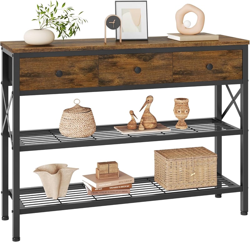 FAVOOSTY konzolasztal előszobába, kanapéhoz illő fából, 3 fiókkal és 2 szintes polccal, 101 x 29,5 x 76,5 cm