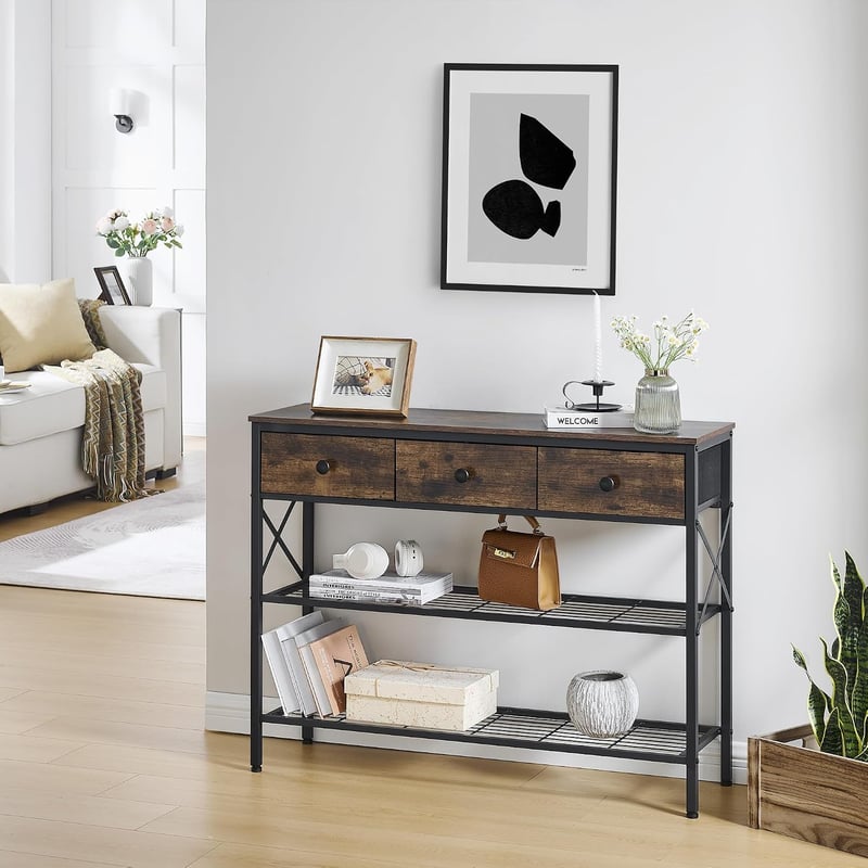 FAVOOSTY konzolasztal előszobába, kanapéhoz illő fából, 3 fiókkal és 2 szintes polccal, 101 x 29,5 x 76,5 cm