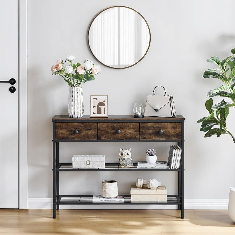 FAVOOSTY konzolasztal előszobába, kanapéhoz illő fából, 3 fiókkal és 2 szintes polccal, 101 x 29,5 x 76,5 cm
