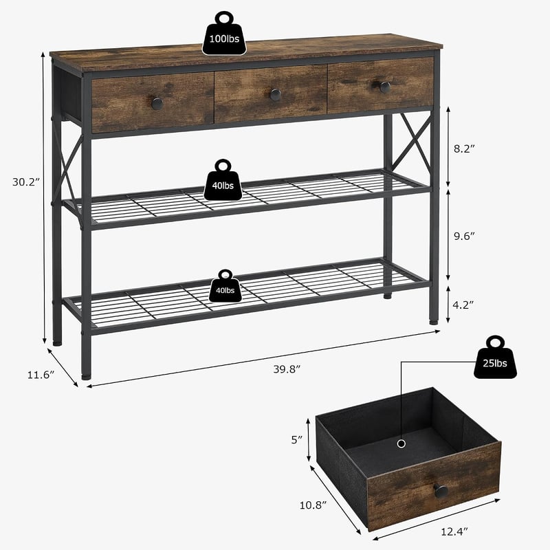 FAVOOSTY konzolasztal előszobába, kanapéhoz illő fából, 3 fiókkal és 2 szintes polccal, 101 x 29,5 x 76,5 cm