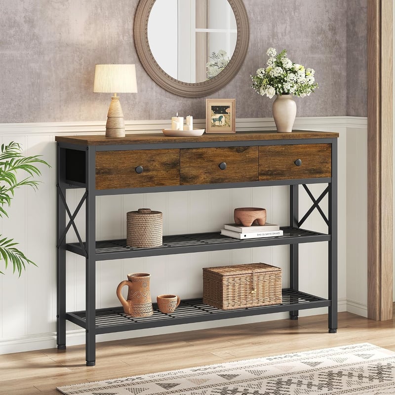 FAVOOSTY konzolasztal előszobába, kanapéhoz illő fából, 3 fiókkal és 2 szintes polccal, 101 x 29,5 x 76,5 cm