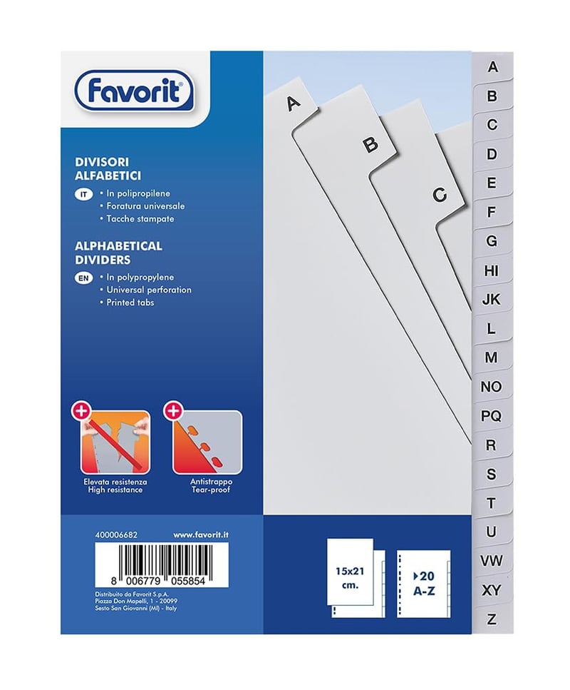 Separator alfabetic A-Z pentru biblioraft, 20 de file, format A5 (14,8 x 21 cm), alb