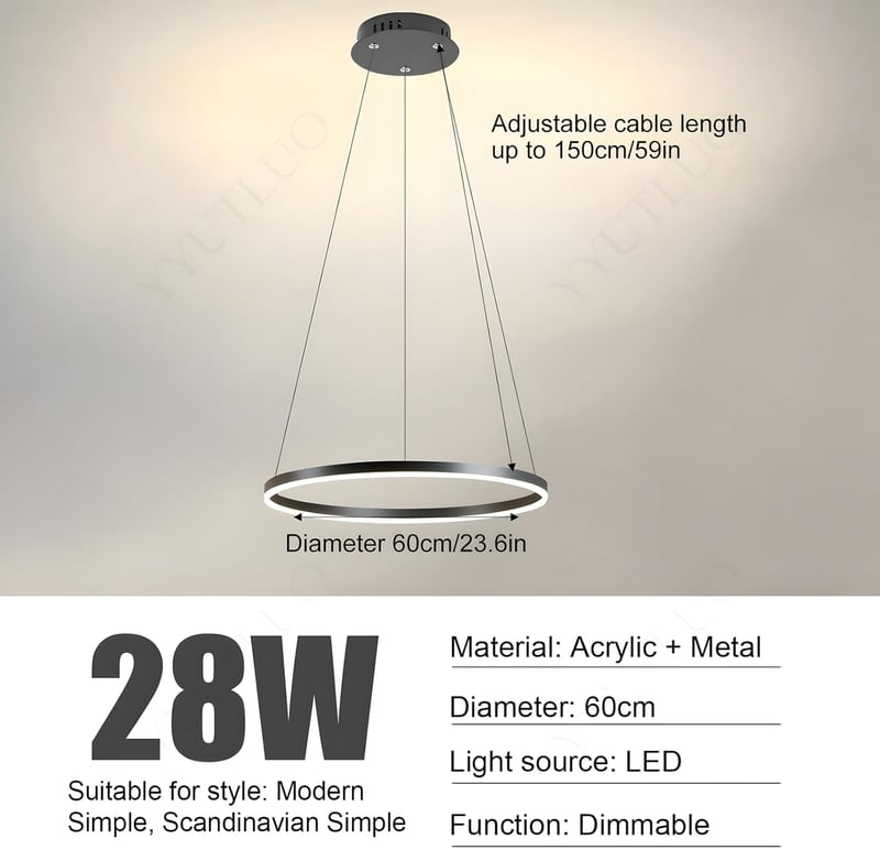 YYUTLUO Modern LED Gyűrű Csillár - 60 cm Fekete-Arany Fém-Akril Függőlámpa, 29W, 2500 Lumen, 2.4G Távirányítós Fényerőszabályzás, Nappali, H