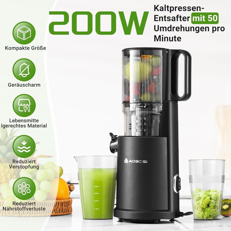 AOBOSI Slow Juicer 126 mm Extra Széles Adagolónyílással - Egész Gyümölcsök Préselésére, Erőteljes Motorral, Hármas Szűrőrendszerrel, Fekete