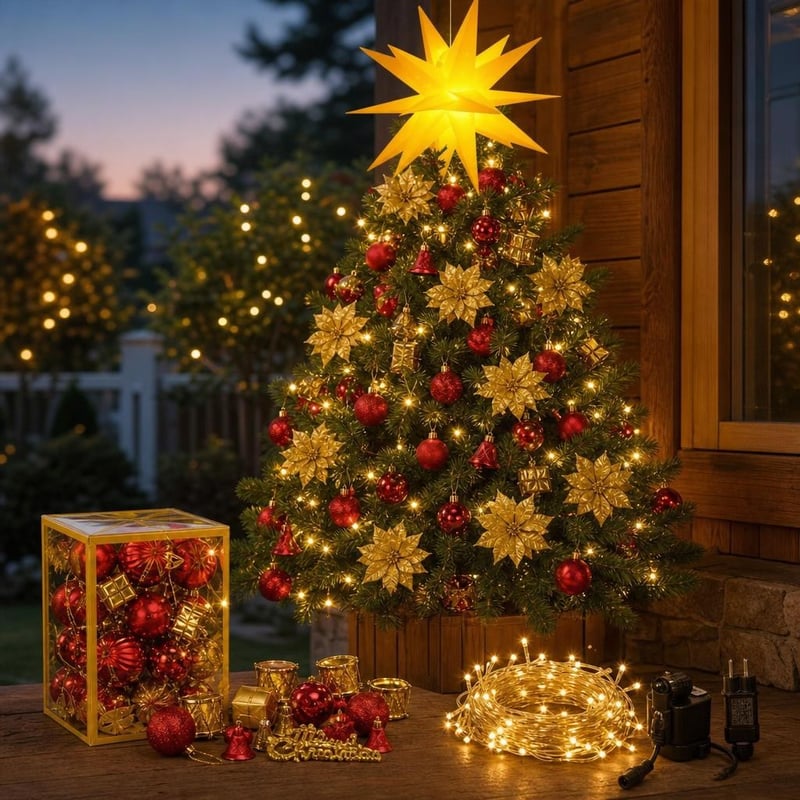 Božićni set za bor: žuta LED zvijezda + 32 mini kuglice + 10m lampica + 24 božićne zvijezde