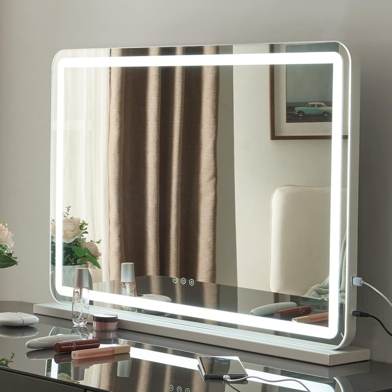 Puselo Hollywood Sminkasztal Tükör LED Világítással, 3 Színhőmérséklettel, Érintésvezérléssel, USB Csatlakozóval és 10x Nagyítással, 80x55 cm
