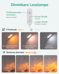 EDISHINE USB Tölthető Olvasólámpa Csipesszel - 3 Színmódú LED Könyvlámpa, Folyamatosan Szabályozható, Szembarát Fény Ágyhoz, Autóhoz 2