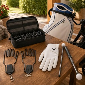 Golfový balíček: 2× držiak na rukavice + pánska rukavica + držiak na bag + golfový swing trainer