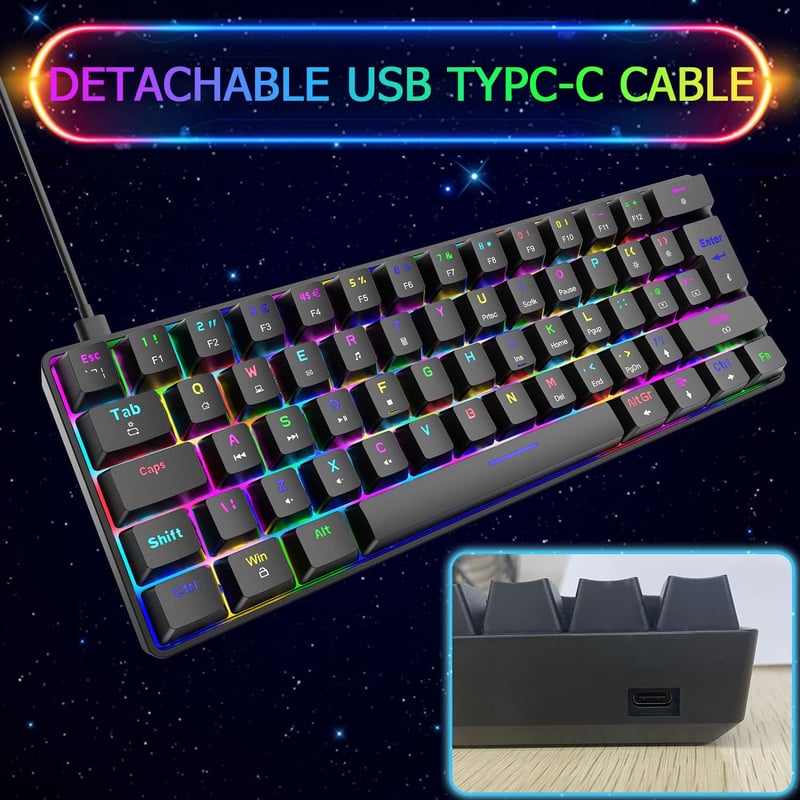 Kompakt 60% RGB Gamer Billentyűzet, Kék Kapcsolós, 62 Gombos, USB-C, Kék