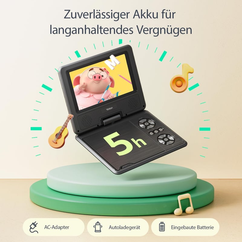 YOTON 9,5" Hordozható DVD Lejátszó Gyerekeknek Autóba, 7,5" HD Forgatható Képernyővel, 6 Órás Akkumulátorral, TV/USB/SD Kártya Támogatással
