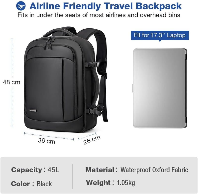 Lekespring 50L Repülős Hátizsák 17,3" Laptoptartóval és Rendszerezőkkel, Fekete