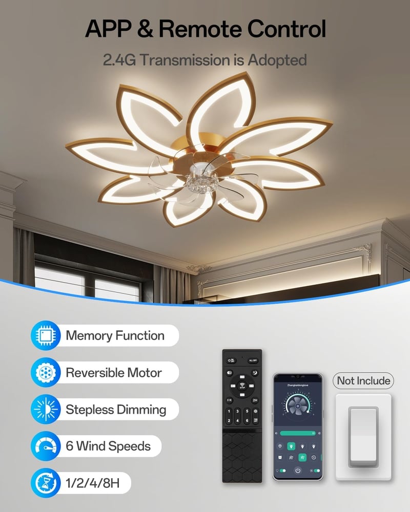 YUNLONG 90 cm Mennyezeti Ventilátor LED Világítással - Csendes DC Motor, Távirányítós, 6 Sebességes, Arany Színű, Hálószobába, Nappaliba