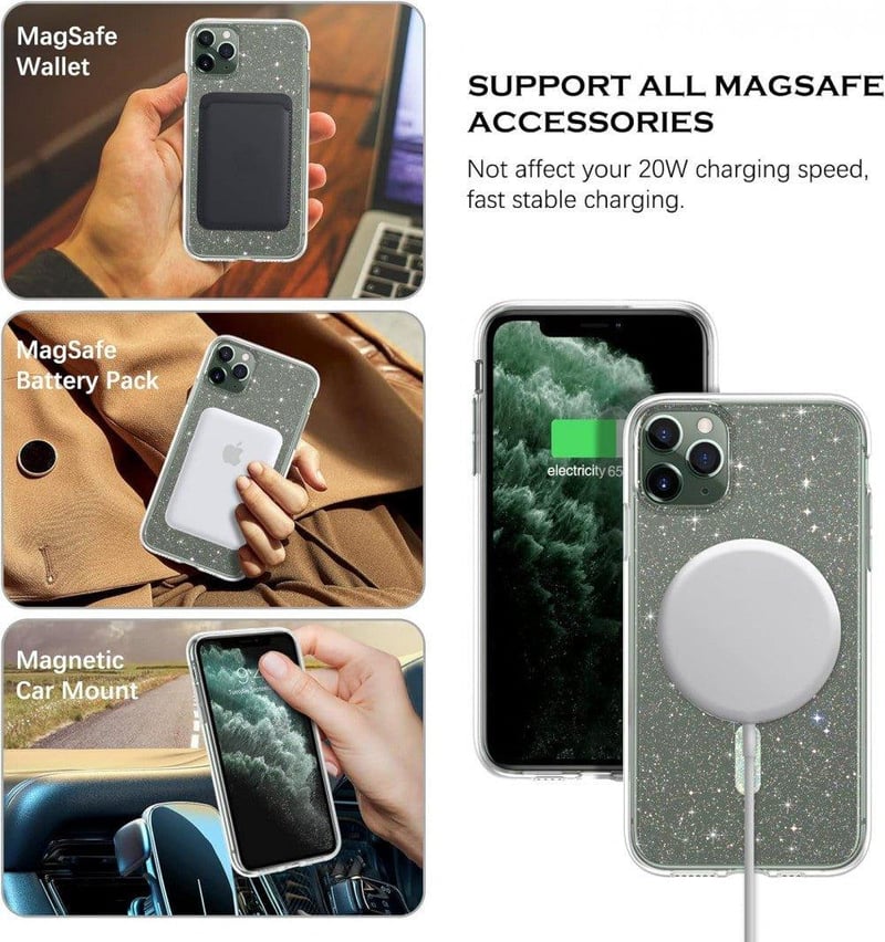 iPhone 11 Pro Max Átlátszó Glitteres MagSafe Tok - Csillogó Szilikon Védőburkolat