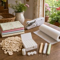 Patchwork sada: ručný šijací stroj + 440 gombíkov + 144 cievok + 3 navliekače + 4 látky + výstuž 1