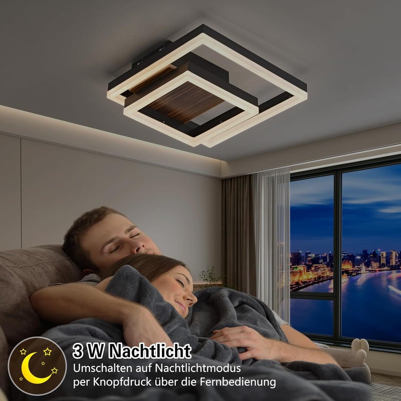 SEATAIN Fa Mennyezeti LED Lámpa - Fekete Geometrikus Dizájn, 40 cm, Távirányítós, Fényerő Szabályozás, 3000-6000K Színhőmérséklet, Éjszakai 