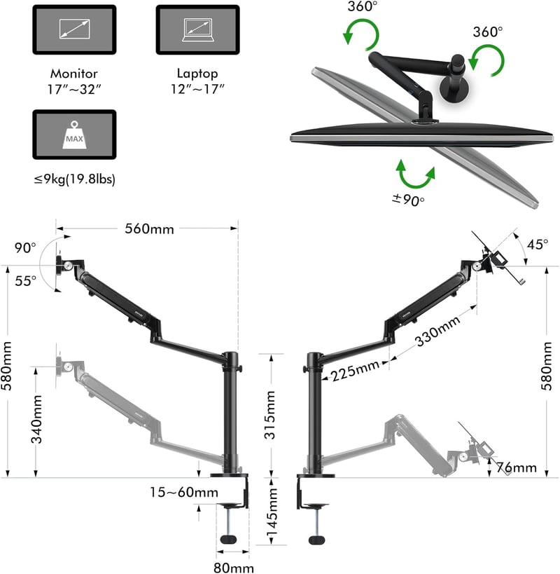 Viozon Monitor és Laptop Tartó Gázrugós Kar 17-32" Asztali Állvány - black