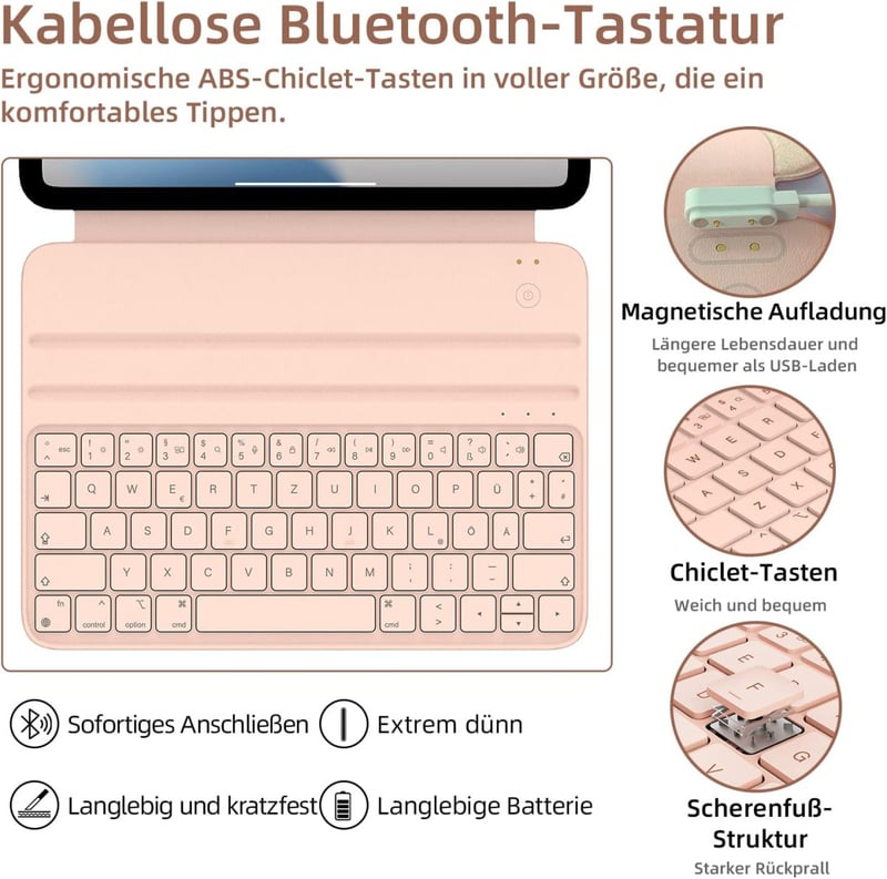 HOU Slim Bluetooth Billentyűzetes Tok iPad 10. és 11. Generációhoz - Műbőr Védőtok QWERTZ Kiosztással, Ergonomikus Állítható Tartóval, Rózsa