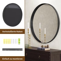 Koonmi Fekete Kerek Fürdőszobai Tükör 76 cm - Fém Kerettel, Biztonsági Üveggel, Falra Szerelhető Dekoratív Tükör Nappaliba, Előszobába 7