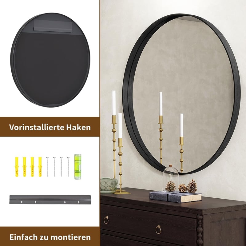 Koonmi Fekete Kerek Fürdőszobai Tükör 76 cm - Fém Kerettel, Biztonsági Üveggel, Falra Szerelhető Dekoratív Tükör Nappaliba, Előszobába