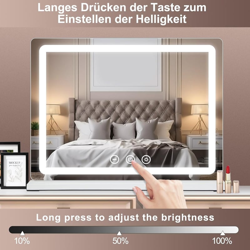 Saimeihome Hollywood Sminktükör LED Világítással - 80x55cm Fehér, 3 Fényárnyalat, 10X Nagyítás, USB, Érintésvezérlés, Asztali vagy Falra Sze