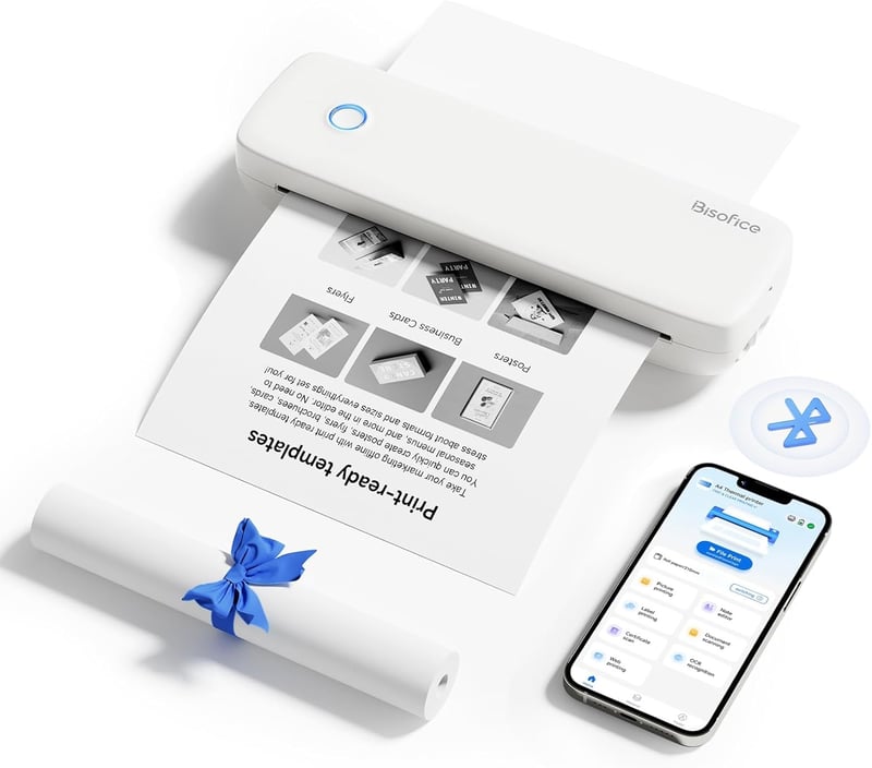 Bisofice Mobil Hőnyomtató A4 - 300 dpi Hordozható Nyomtató Okostelefonhoz, 2/3/4 inch és A4 Hőpapír Támogatással, Android/iOS/Win/Mac Kompat