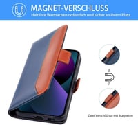 iPhone 13 5G Bőr Pénztárca Tok Kártyatartóval, Kitámasztóval - Farmerkék-Barna 4