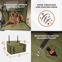 WUGLO Extra Stabil Kutya Autóülés - Vízálló Autós Ülés Kis és Közepes Kutyáknak 4 Rögzítő Hevederrel - L Méret Khaki 6