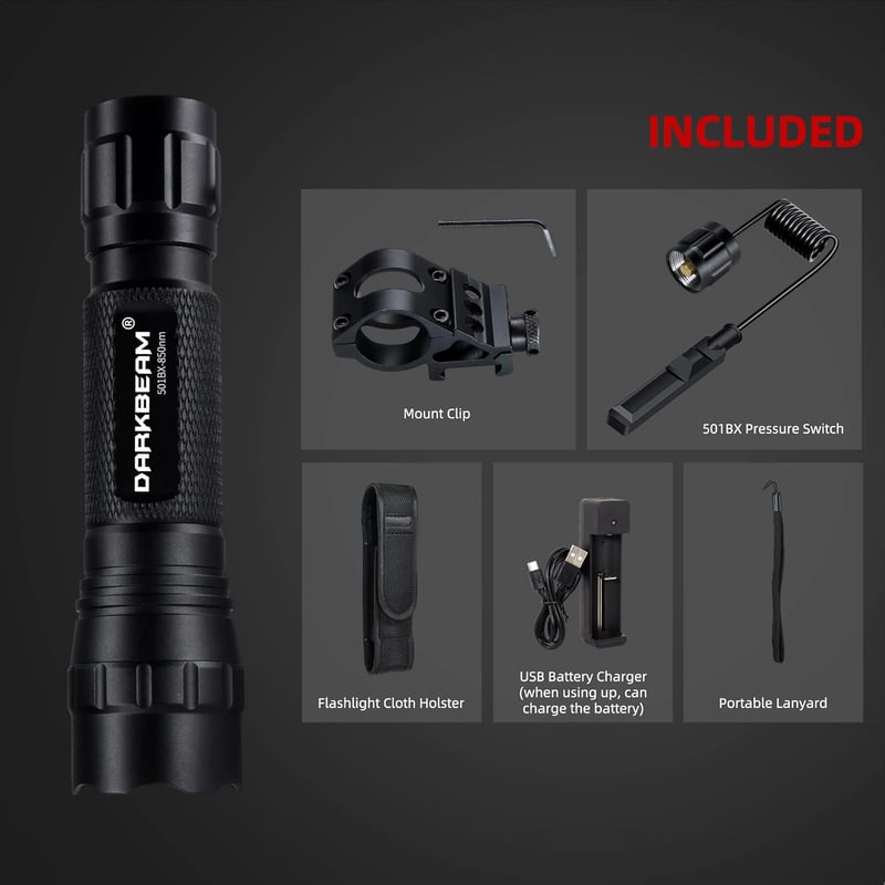 DARKBEAM 850nm Zoomolható IR Lámpa Éjjellátóhoz, Vadászathoz - 10W, Újratölthető