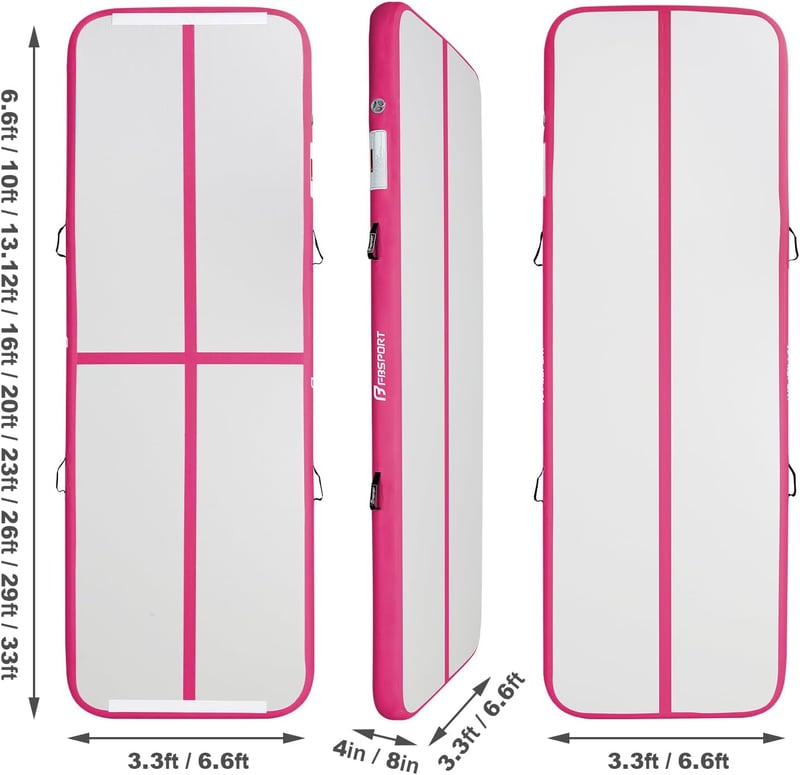 FBSPORT Airtrack Tornaszőnyeg 600x100x20 cm - Felfújható Vastag Edzőmatrac Pumpával és Hordtáskával - Rózsaszín PVC Tornamatrac Jógához, Ott