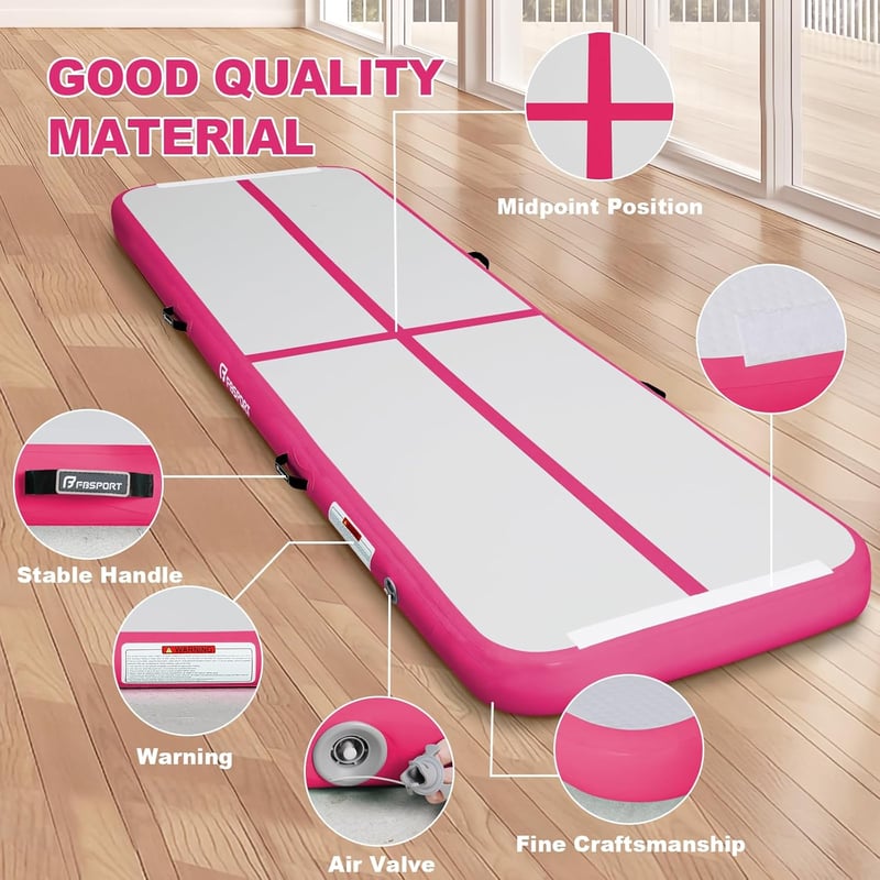 FBSPORT Airtrack Tornaszőnyeg 600x100x20 cm - Felfújható Vastag Edzőmatrac Pumpával és Hordtáskával - Rózsaszín PVC Tornamatrac Jógához, Ott