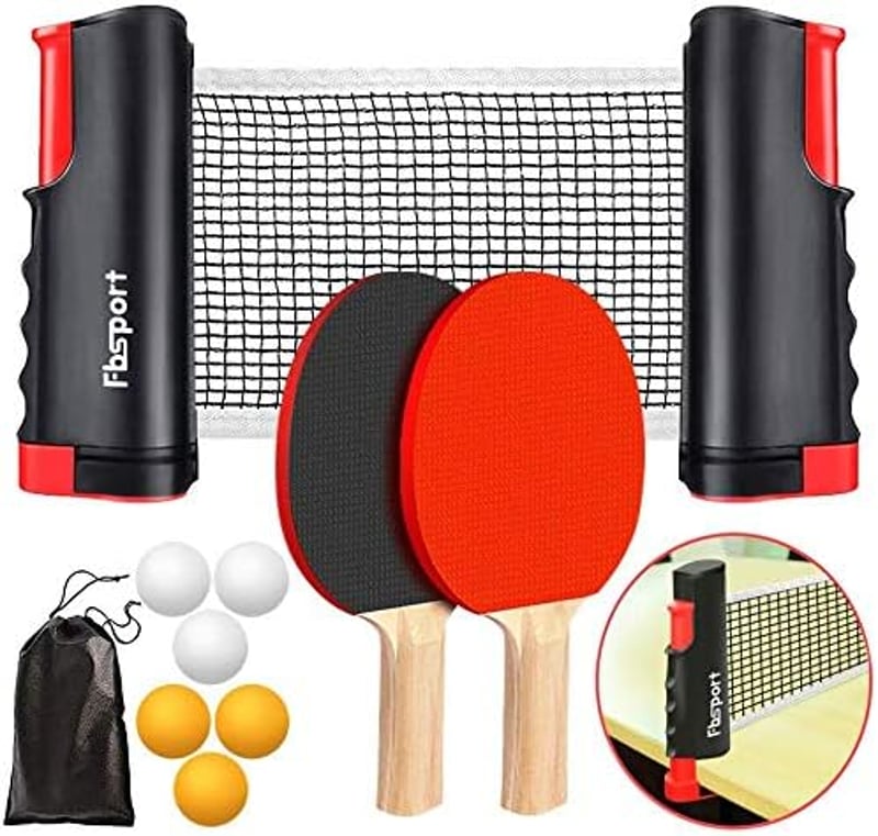 FBSPORT Asztalitenisz Szett - 2 Ütő, 6 Labda, Hálóval és Táskával, Fekete Ping Pong Készlet Kezdőknek és Haladóknak