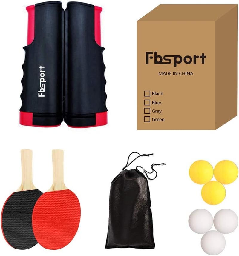 FBSPORT Asztalitenisz Szett - 2 Ütő, 6 Labda, Hálóval és Táskával, Fekete Ping Pong Készlet Kezdőknek és Haladóknak