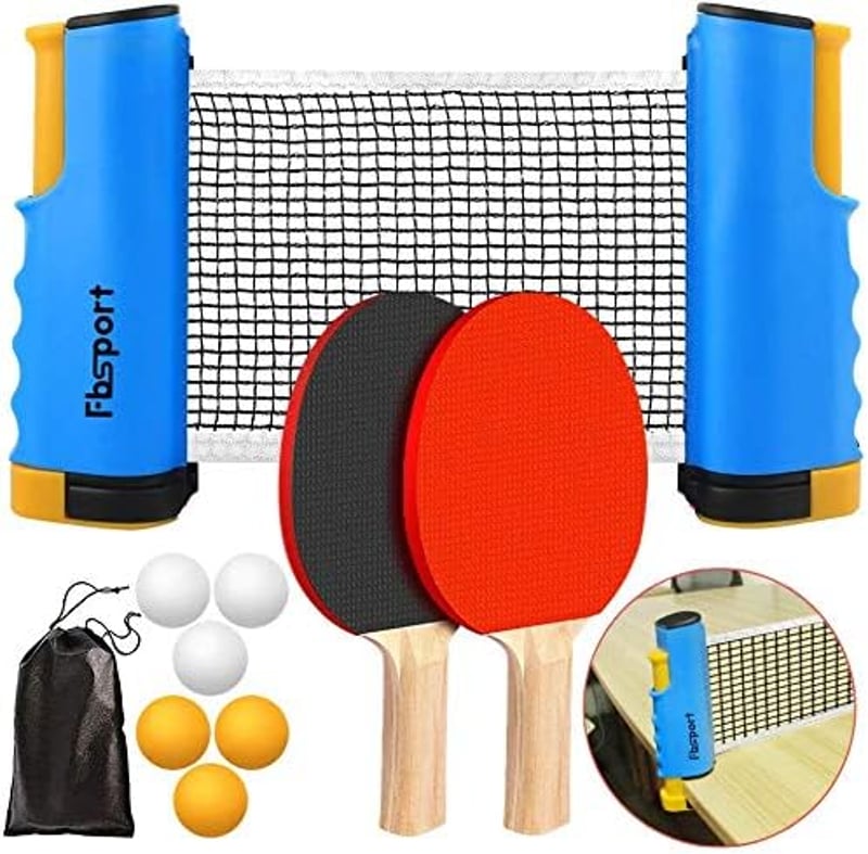 FBSPORT Asztalitenisz Szett Kék - Kihúzható Háló, 6 Pingpong Labda, Fa Ütők, Hordozható Készlet Kezdőknek és Profiknak