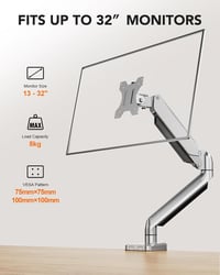 ErGear Monitortartó Kar 13-32" Képernyőkhöz - Gázrugós, 8kg Teherbírású, Dönthető, Forgatható, Ergonomikus VESA 75/100 Állvány, Ezüst 5