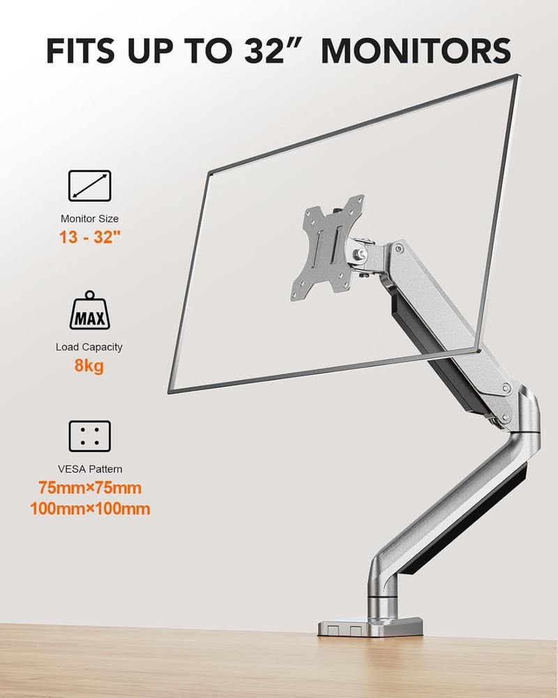 ErGear Monitortartó Kar 13-32" Képernyőkhöz - Gázrugós, 8kg Teherbírású, Dönthető, Forgatható, Ergonomikus VESA 75/100 Állvány, Ezüst