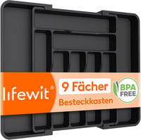 Lifewit Állítható Evőeszköztartó Fiókba - 30-50 cm Széles Műanyag Konyhai Rendszerező Fekete Tálca Villákhoz és Kanalakhoz, BPA-mentes, 38 c 1