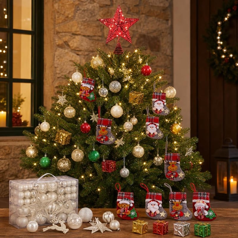 Starlight božićni set: 102 kuglice + LED zvijezda za vrh + 4 mini ukrasa