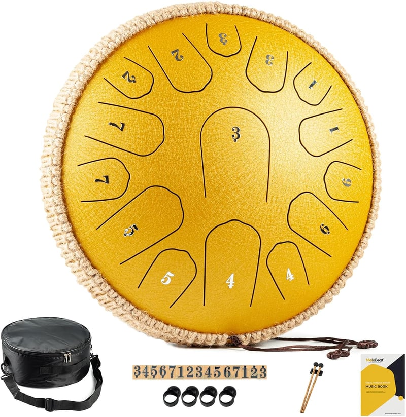MeloBeat Tongue Drum 33 cm 15 Hangú - Professzionális Acél Handpan D-dúrban, Dalkönyvvel, Ütőkkel és Hordtáskával, Arany Színben