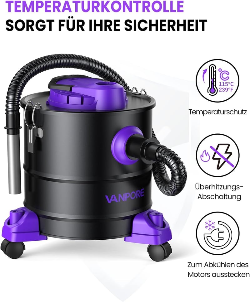 VANPORE 20L Hamuporszívó Kandallóhoz - 1200W Nagy Szívóerő, Görgős Talppal, Kandalló, Pellet Grill, Sütő és Tűzrakóhely Tisztításához (Lila)