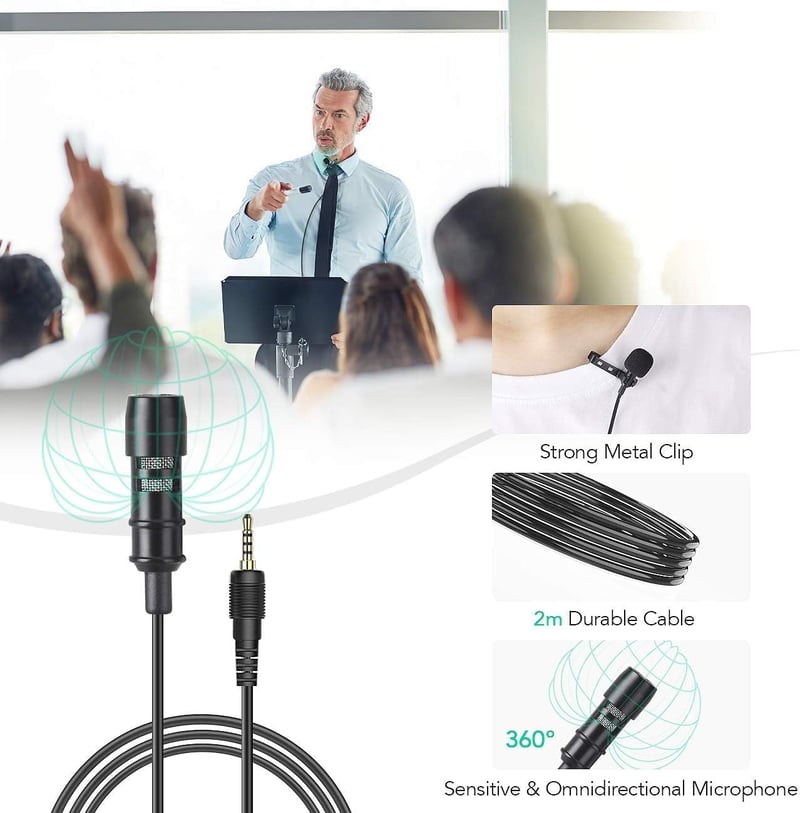 AGPTEK Omnidirekcionális Csíptetős Mikrofon 2m, USB-C Adapter, Szélvédő, Interjúkhoz